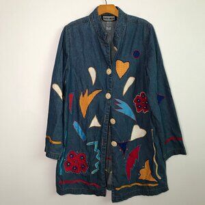 INDIGO MOON WOMENS JACKET BLUE JEAN DENIM BUTTON V NECK PATCHWORK MEDIUM